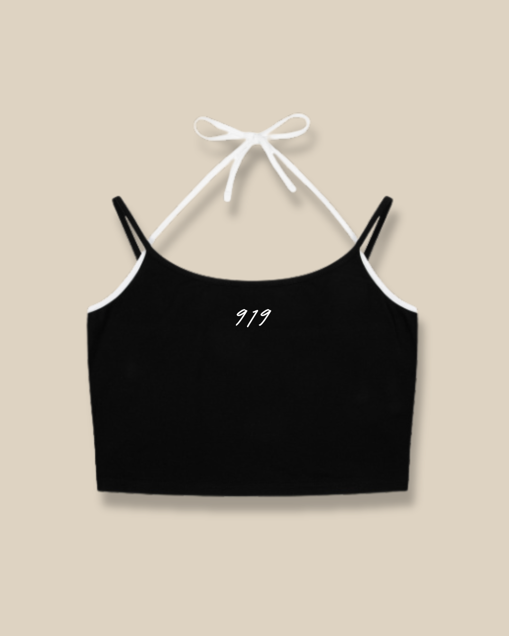 Black cotton crop top with white straps — 919 Basics womens sustainable